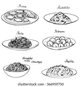 National dishes set, ink drawing, hand drawn vector illustration