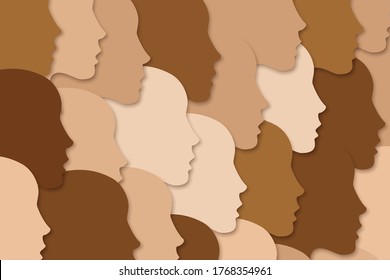 National diverse or race diverse concept. Female face silhouettes with variety of skin tones. People crowd, group. Female faces looking in one direction. Women's right concept. Vector illustration