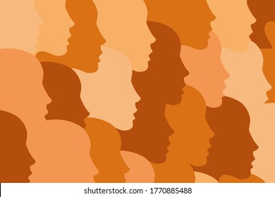 National diverse or race diverse concept. Female face silhouettes with variety of skin tones. People crowd, group. Female faces looking in one direction. Women's right concept. Vector illustration