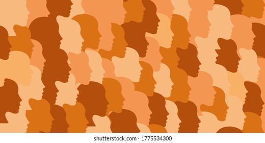 National diverse or race diverse concept. Female face silhouettes with variety of skin tones. People crowd, group. Female faces looking in one direction. Women's right concept. Vector illustration