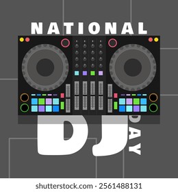 National DJ Day to celebrate on January 20th. Illustration of DJ equipment with bold text on gray background.