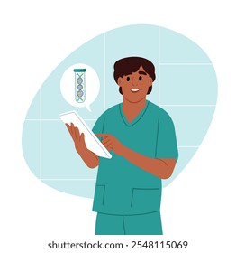 National DNA Day. April 25. A laboratory technician examines human DNA. Vector illustration in flat style