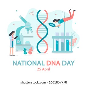 National DNA day poster. DNA research concept with tiny people. Flat vector illustration.
