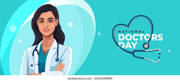 National Doctors Day Banner Background Design with young female physician illustration