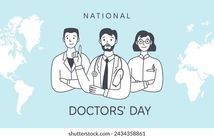 National Doctors Day banner. Friendly male and female medics against the backdrop of a world map. Medicine concept. Simple vector doodle illustration