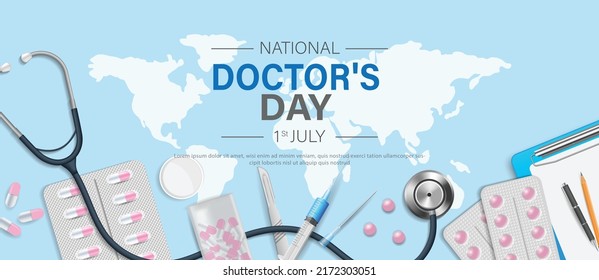 National doctor's day banner template design with stethoscope and medical equipment. vector illustration.