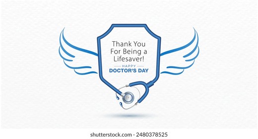 Concepto del Día Nacional del Médico. Tema de los deseos con estetoscopio Wings y texto feliz del Día del Doctor.