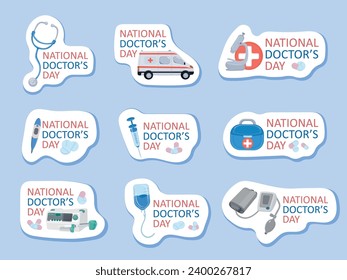 National Doctor's Day. Cute stickers for medicine set. Medical instruments, equipment, healthcare clinic, tonometer, intravenous drip, thermometer isolated on white background. Vector illustration.