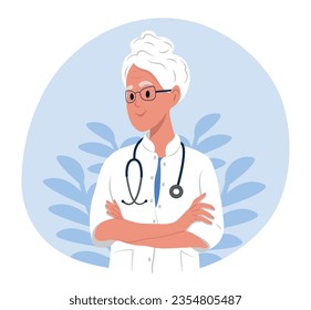 National Doctors' Day. Elderly woman doctor portrait. Smiling therapist, general practitioner with crossed arms. Doctor with a stethoscope. Doctor in medical uniform.