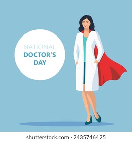 National Doctor's Day. Female doctor with red superhero cape. Vector illustration.