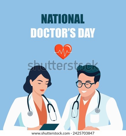 National Doctor's Day. Greeting card with a male medic and a female medic. Flat vector illustration.