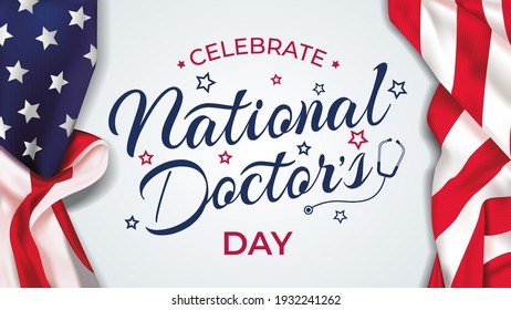National doctor's day lettering USA background vector illustration. National doctor's day celebration banner with USA flag and text -  United States of America