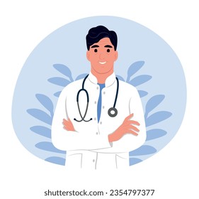 National Doctors' Day. Male doctor portrait. Smiling therapist, general practitioner with crossed arms. Male doctor with stethoscope. General practitioner in medical uniform.