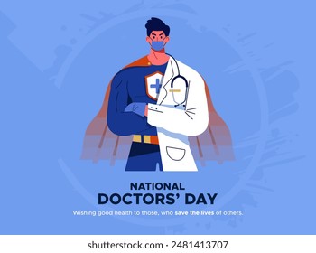 Día Nacional del Médico. Doctor masculino con traje de superhéroe en fondo claro. Anuncio para el Día Nacional del Médico