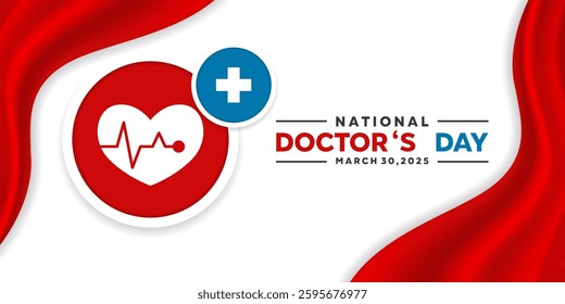 National Doctors Day. Plus icon and heartbeat. Great for cards, banners, posters, social media and more. White background.
