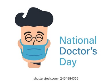 National Doctors Day. Portrait doctor. Holiday card. Smiling Medical Worker Character. Brunette man wearing glasses and protective mask. Therapist, ophthalmologist, dentist. Flat vector illustration