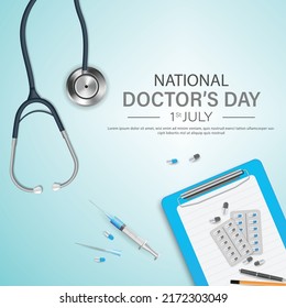 National doctor's day poster template design with stethoscope and medical equipment. vector illustration.