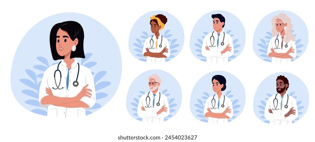 National Doctors' Day. Set of smiling doctors, portraits of different of male and female medical workers in uniform with stethoscopes.