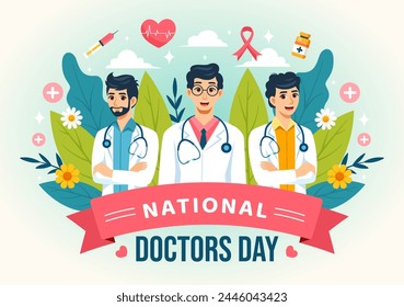 National Doctors Day Vector Illustration with Doctor, Stethoscope and Medical Equipment for Dedication and Contributions in Flat Cartoon Background