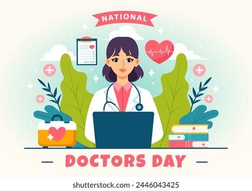 National Doctors Day Vector Illustration with Doctor, Stethoscope and Medical Equipment for Dedication and Contributions in Flat Cartoon Background