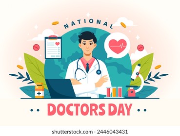 Ilustración vectorial del Día Nacional del Médico con Doctor, Estetoscopio y Equipo Médico para Dedicación y Aportes en Fondo Plano de Dibujos Animados