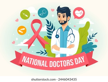 Ilustración vectorial del Día Nacional del Médico con Doctor, Estetoscopio y Equipo Médico para Dedicación y Aportes en Fondo Plano de Dibujos Animados