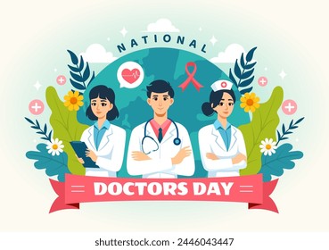 National Doctors Day Vector Illustration with Doctor, Stethoscope and Medical Equipment for Dedication and Contributions in Flat Cartoon Background