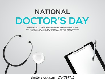 national doctors day vector poster, stethoscope and clipboard concept
