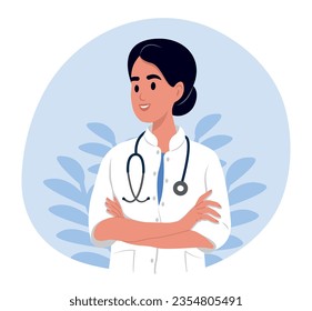 National Doctors' Day. Woman doctor portrait. Doctor with a stethoscope. Smiling therapist, general practitioner with crossed arms. Doctor in medical uniform.