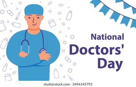 National Doctors Day.International holiday.A doctor with a stethoscope.Doctor surgeon.Isolated on white background.Vector flat illustration.