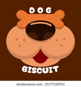 National Dog Biscuit Day to celebrate on February 23rd. Illustration of a dog food biscuit on a dog's nose on dark brown background.