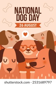 Día Nacional del Perro. 26 de agosto. Plantilla de Anuncio con divertidos personajes de perro en estilo plano. Ilustración ingenua con cachorro kawaii, mascota doméstica para tarjeta, póster, folleto, folleto, marketing. Diseño peculiar.