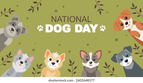 National Dog Day banner with cute dogs on green nature background. Flat style illustration.