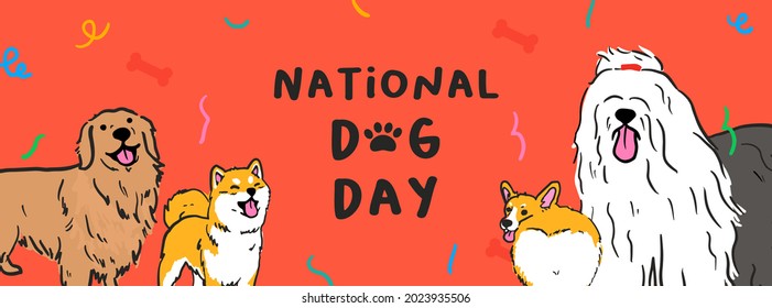 Nationaler Hundestag-Banner, Vektordesign. Cute golden ruft, Shiba inu, Corgi und Old english shedog