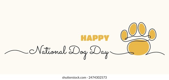 National Dog Day banner. Vector background template with single line paw print drawing and hand written style text. 