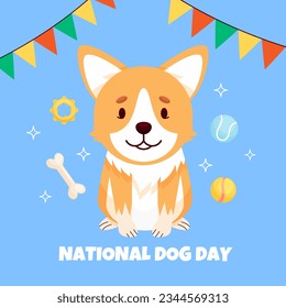 National Dog Day cartoon illustration card. Celebration banner with Corgi, toys, ribbon flags. Canine event poster vector