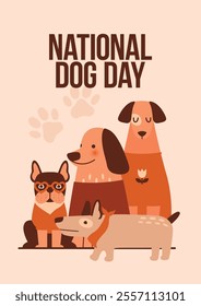 National Dog Day. Group of different cute dogs sitting next to each other. Naive vector illustration with various happy puppies. Domestic animal characters in sweaters. For banner, card, flyer. 