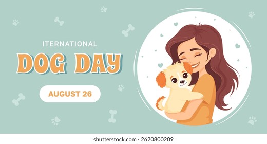 Dia Nacional do Cachorro, modelo de banner horizontal com uma menina abraçando um cachorrinho bonito. Projeto de vetor plano sobre amor, amizade e cuidar de animais de estimação.