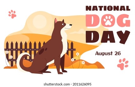 National Dog Day horizontal vector banner template with a cheerful dog sitting near a hedge. Holiday which acknowledges family dogs and dogs that work selflessly each day to save human lives.