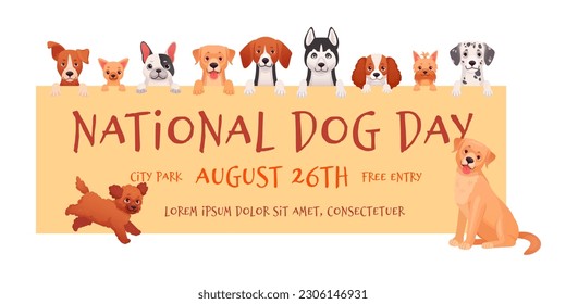 National dog day. International dogs appreciation or breed presenting awards days, veterinary flyer cartoon puppy purebred pets, animal party celebration banner vector illustration of dog pet day