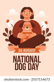 National Dog Day. Vertical banner template with young cute woman sitting on grass and holding her dog in eyeglasses. Cute isolated clip art for card, brochure, flyer, leaflet. Cartoon characters.