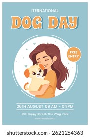 National Dog Day, vertical poster template, flyer with a girl cuddling a cute puppy. Flat vector design about love, friendship and caring for pets.