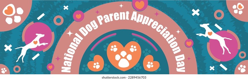National Dog Parent Appreciation Day horizontal wide vector banner design with dog silhouette, dog paw print, heart shapes, geometric shapes and typography. dog parent appreciation day poster .