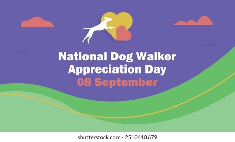 National Dog Walker Appreciation Day vector banner design with geometric shapes and vibrant colors on a horizontal background.