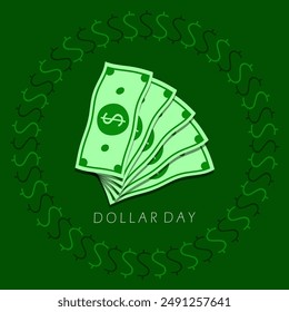 National Dollar Day event banner. Illustration of several dollar bills on dark green background to celebrate on August 8th