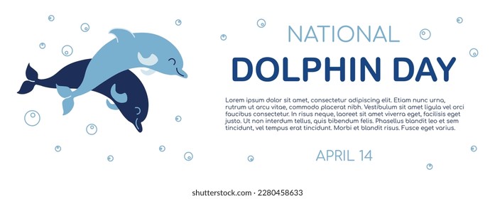 National dolphin day background. Horizontal poster template with two mammals and copy space for text. Flat style vector illustration isolated on white backdrop