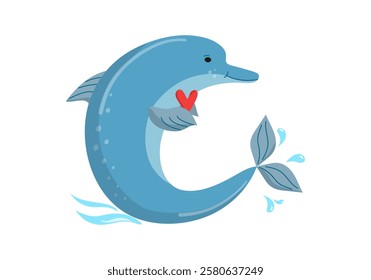 National Dolphin Day. Flat design banner, poster, flyer, vector illustration. Cartoon dolphin, with heart in water. April 14. World Aquatic Animals Day.