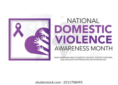 O mês nacional de conscientização sobre violência doméstica é observado todos os anos em outubro. Mês da consciência da violência doméstica, fundo com fita roxa. Ilustração vetorial.
