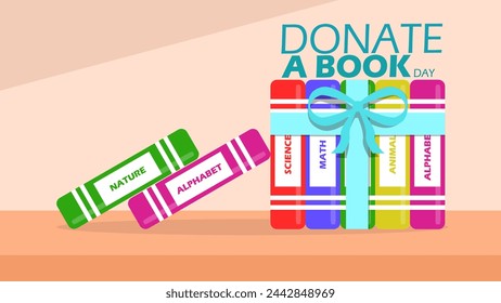 National Donate a Book Day event banner. Books tied with ribbon on a brown table to celebrate on April 14th
