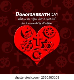 El Día Nacional del Sábado de Donantes se celebra el 15 de noviembre. Ilustración de un corazón parcheado con varios símbolos religiosos. Los donantes no miran a la religión.